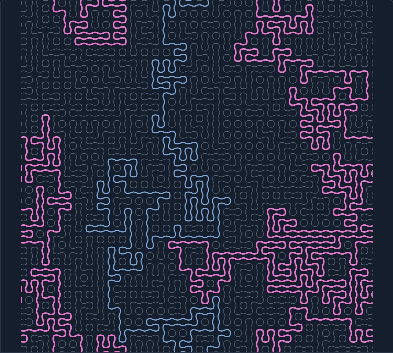 Pink and blue loops winding through a square grid