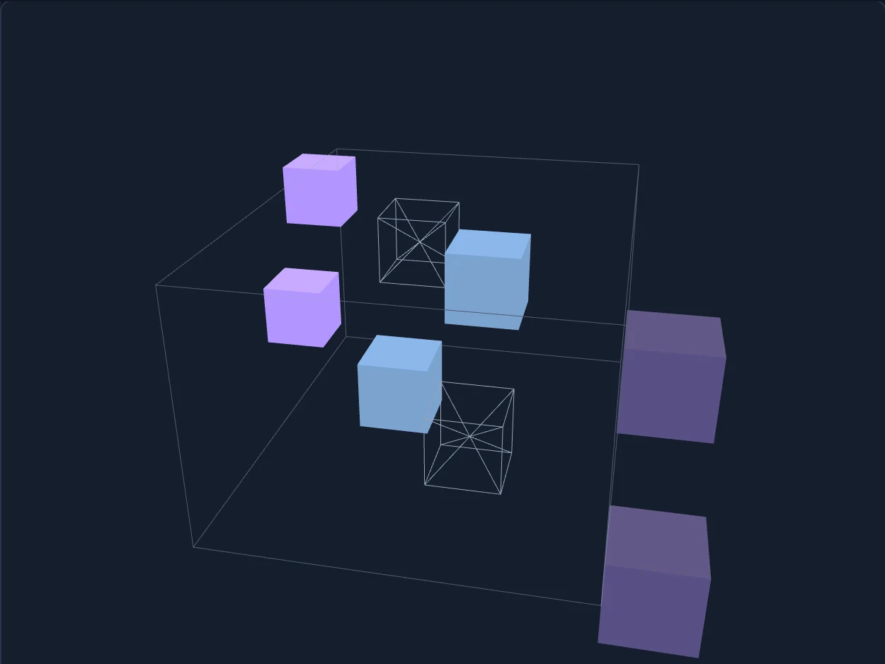 Purple and blue cubes placed inside a wireframe box