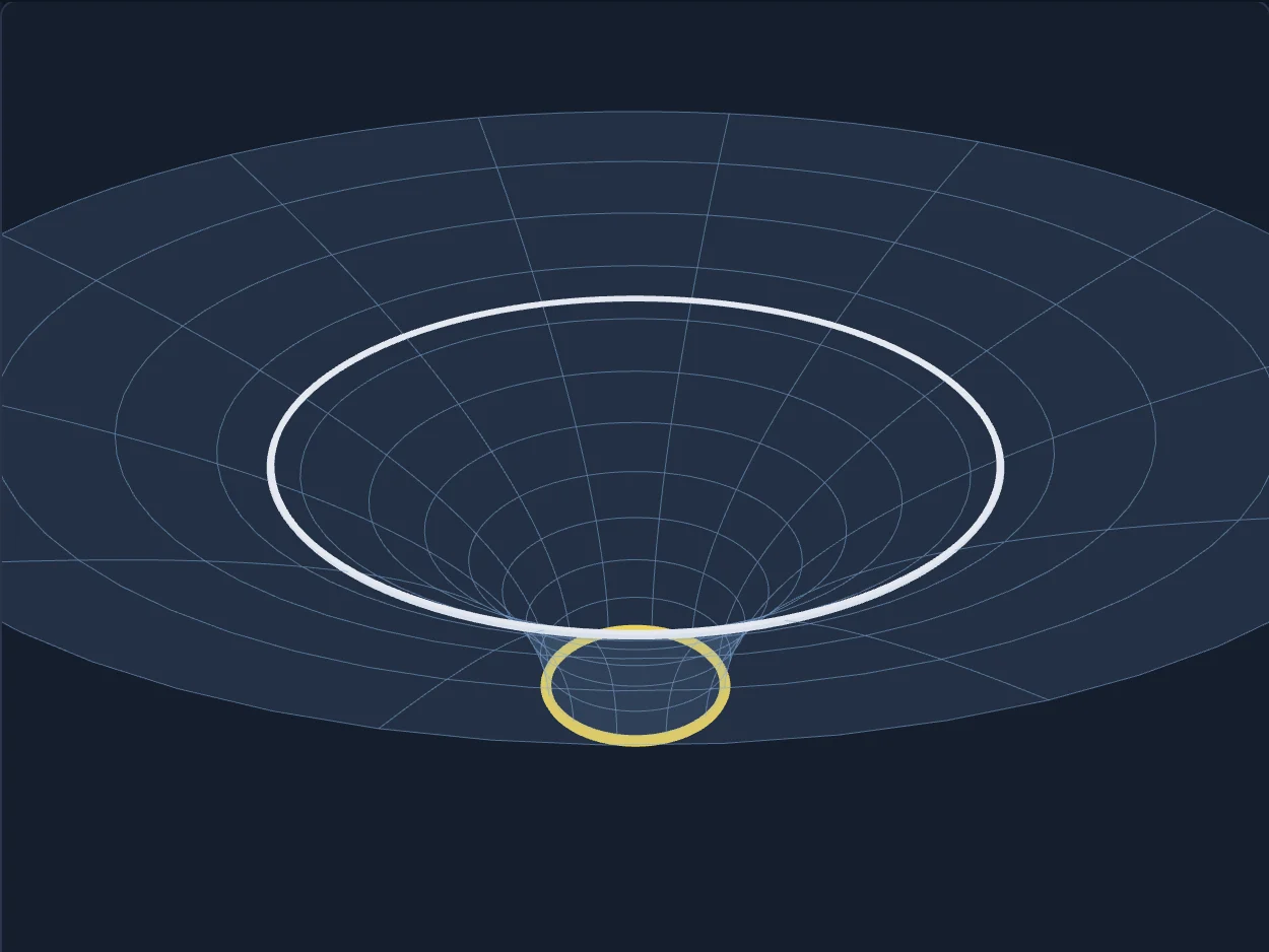 A white ring on a curved funnel surface, with a small yellow ring near the throat